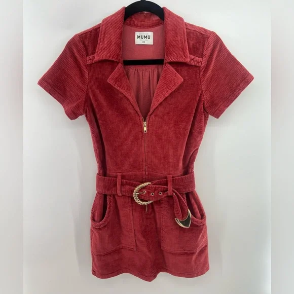 Show Me Your MuMu Outlaw Dress Rose Red Corduroy Gold Buckle Mini Dress XS - Picture 6 of 13